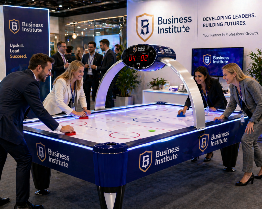 Air hockey table hire at a Melbourne education expo stand