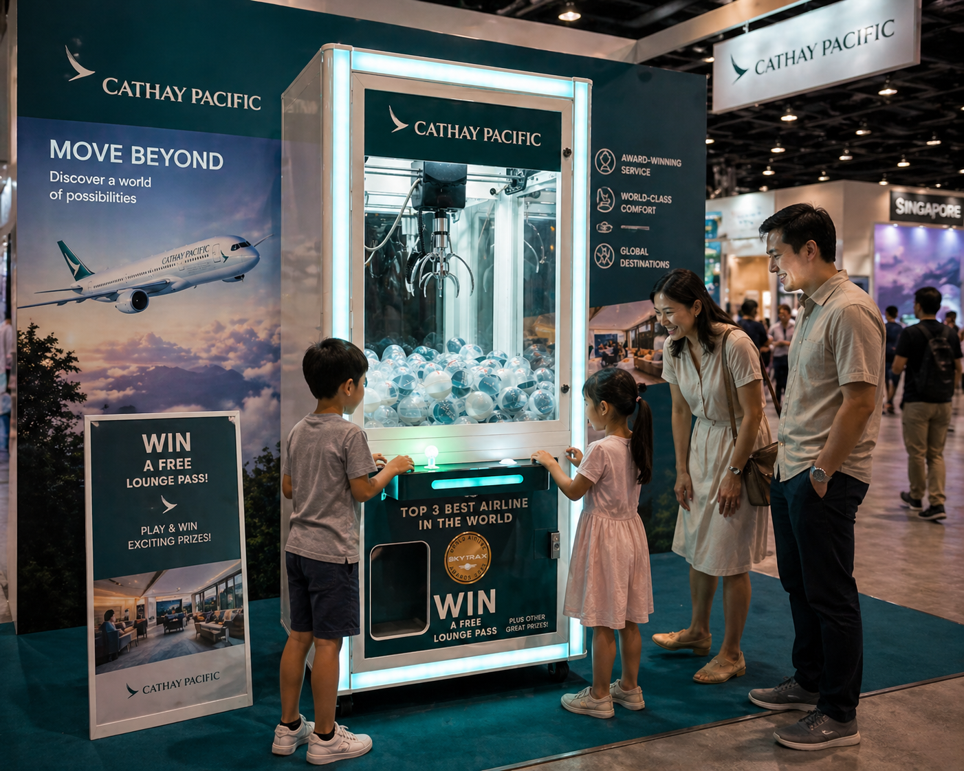 Cathay Pacific branded arcade machine at a Melbourne travel expo stand