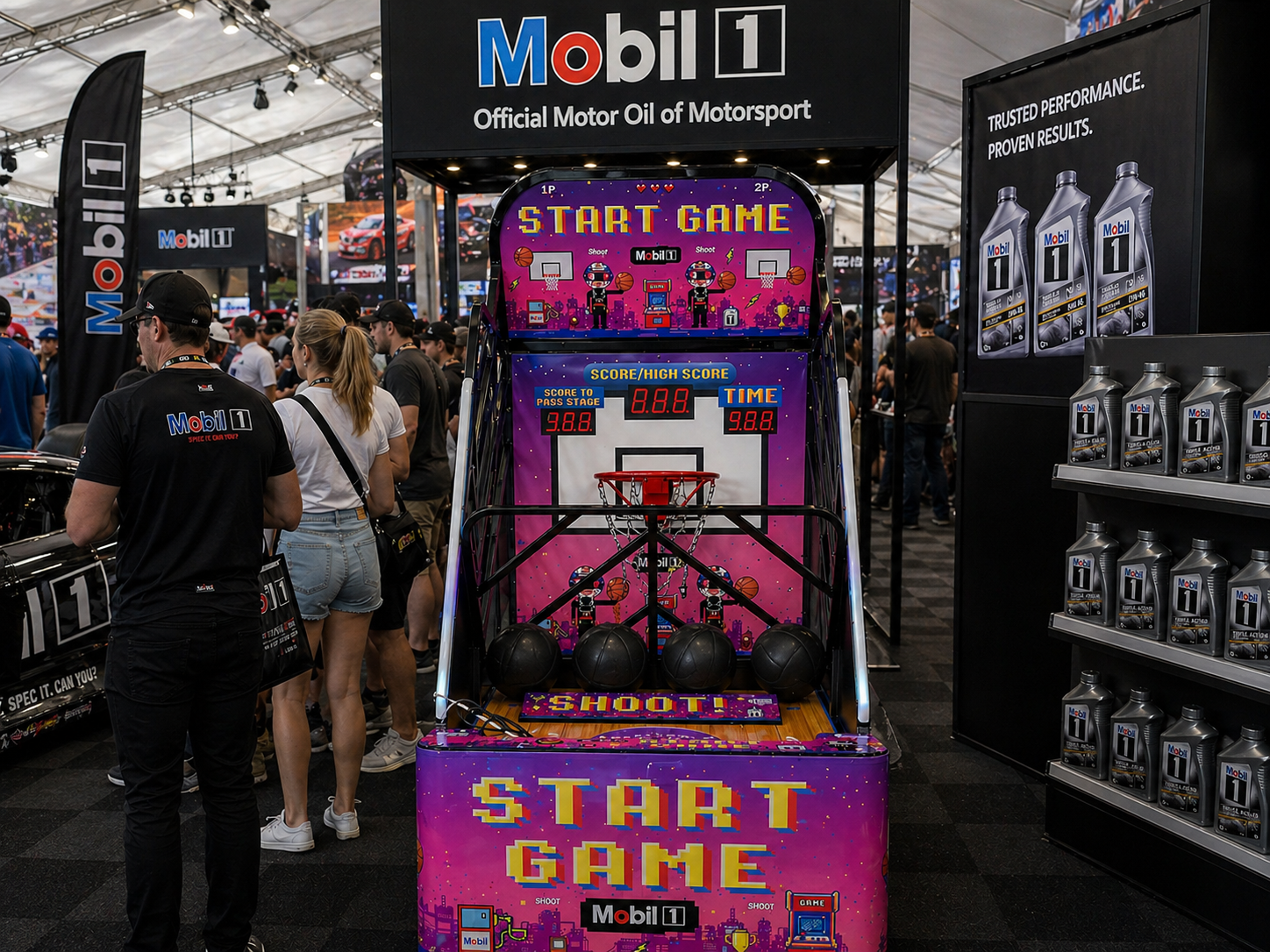 Mobil 1 branded basketball arcade machine at a Melbourne expo stand